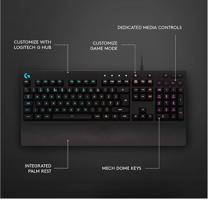 Logitech USB 2.0 G213 Prodigy Gaming Keyboard with 16.8 Million Lighting Colors (Renewed)